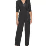 DKNY Side-Tie Collared Wrap Jumpsuit Womens 16 Black 3/4 Sleeve Back Zip Closure