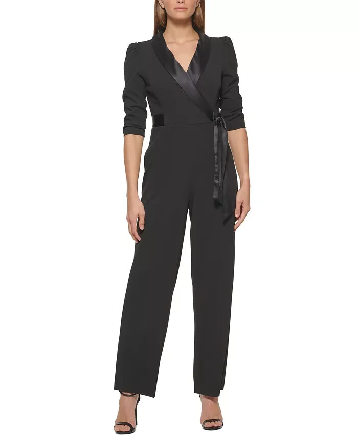 DKNY Side-Tie Collared Wrap Jumpsuit Womens 16 Black 3/4 Sleeve Back Zip Closure