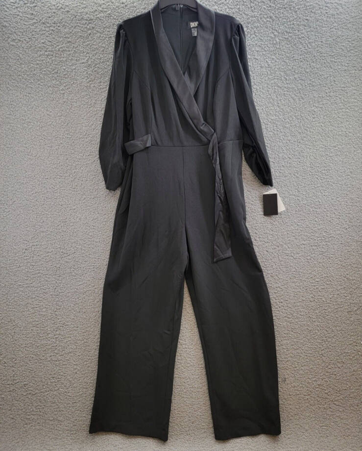 DKNY Side-Tie Collared Wrap Jumpsuit Womens 16 Black 3/4 Sleeve Back Zip Closure