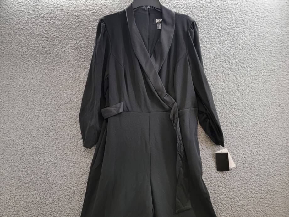 DKNY Side-Tie Collared Wrap Jumpsuit Womens 16 Black 3/4 Sleeve Back Zip Closure
