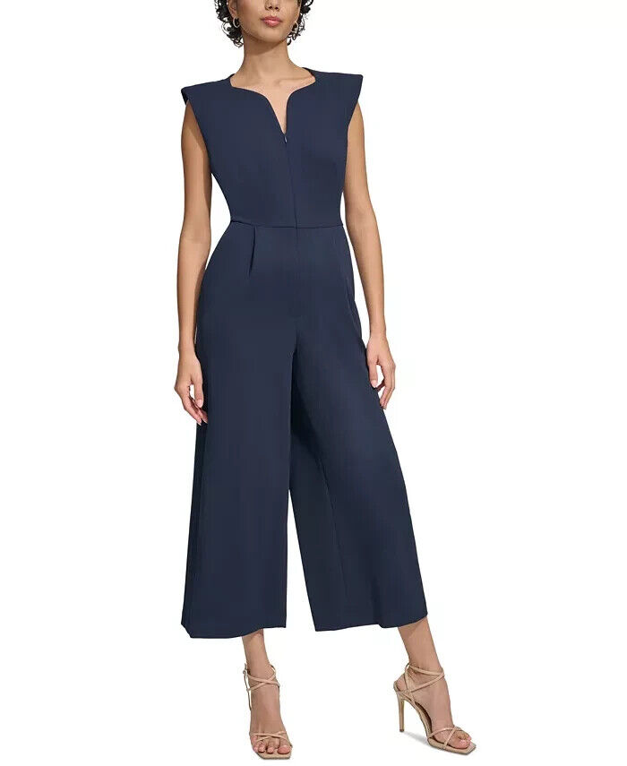 Calvin Klein Sleeveless Cropped Jumpsuit Women's 14 Navy Vneck Front Zip Closure