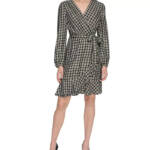 Tommy Hilfiger Check Ruffle-Hem Wrap Dress Women's 10 Black Multi Zip Closure