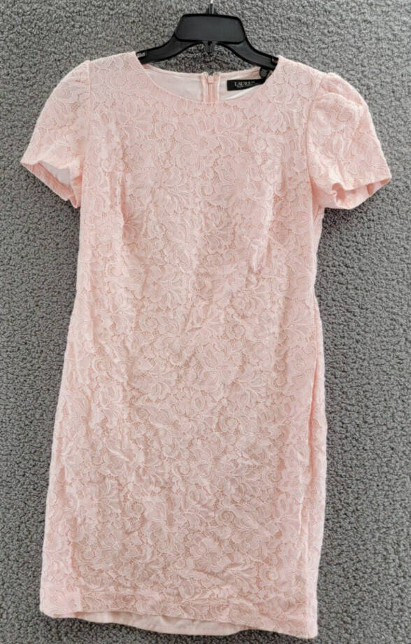 Lauren Ralph Lauren Lace Puff-Sleeve Cocktail Dress Women's 10 Pink Opal +