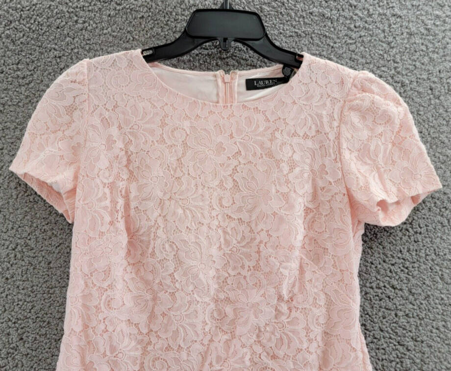 Lauren Ralph Lauren Lace Puff-Sleeve Cocktail Dress Women's 10 Pink Opal +
