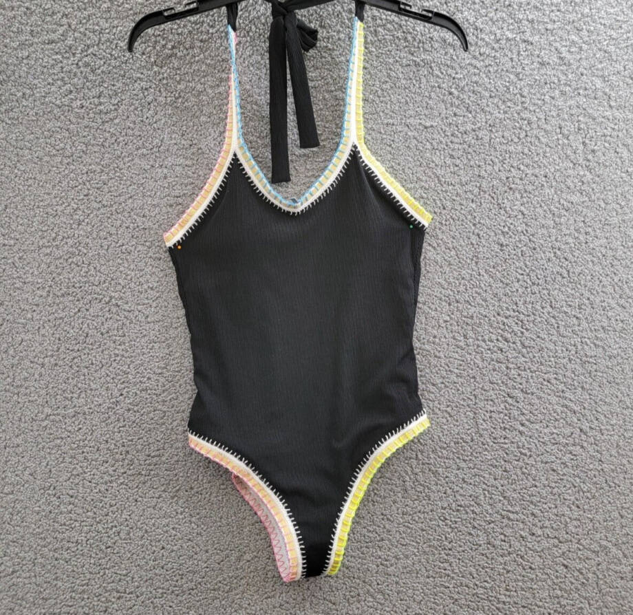 Ferrarini x PQ Crochet-Trim One-Piece Swimsuit Women's L Black Multi Tie Closure