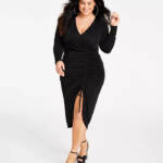Nina Parker Trendy Plus Size Ruched Slinky Dress Women's 1X Black VNeck Pullover