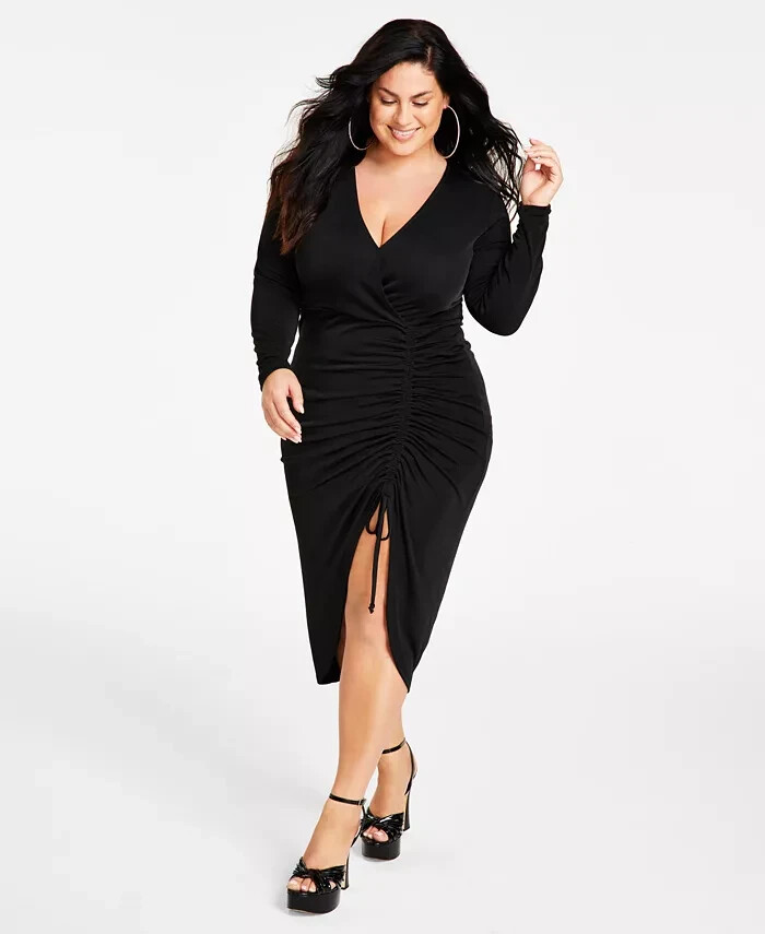 Nina Parker Trendy Plus Size Ruched Slinky Dress Women's 1X Black VNeck Pullover