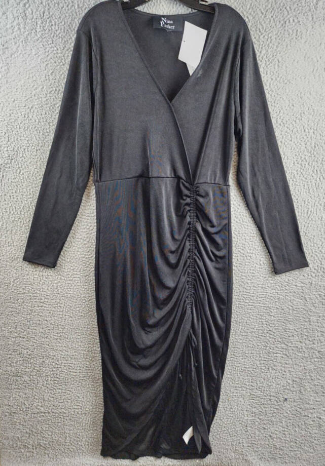 Nina Parker Trendy Plus Size Ruched Slinky Dress Women's 1X Black VNeck Pullover