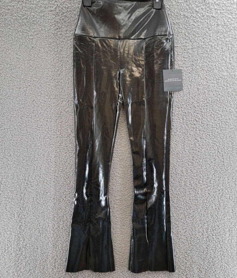Norma Kamali Faux Leather Slit Hem Leggings Women's S Black Elastic Waist PullOn
