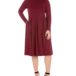24seven Comfort Apparel Plus Size Fit and Flare Midi Dress Women's Wine L/S 2X