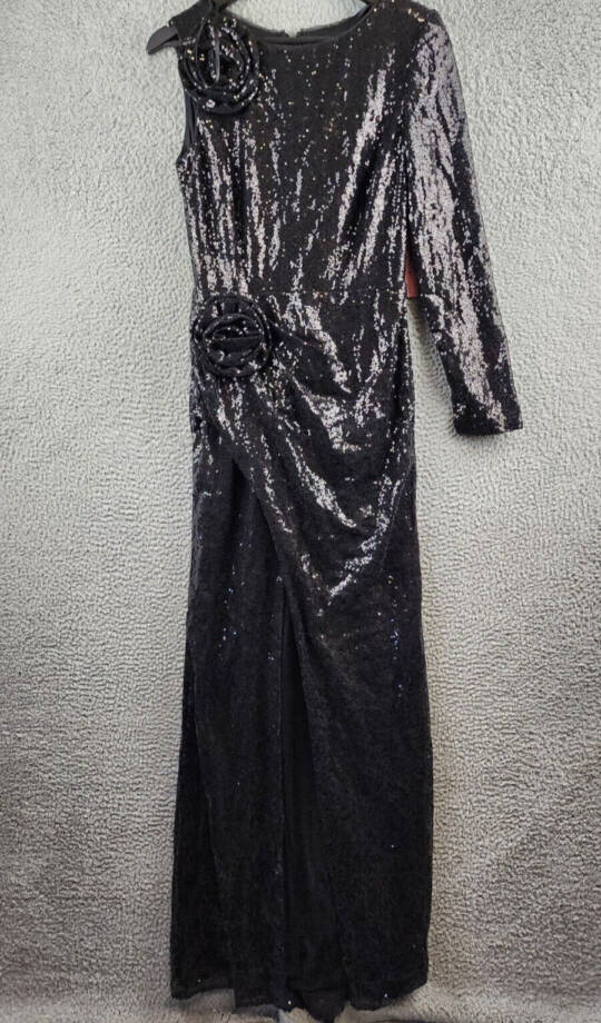AQUA One Sleeve Sequin Gown Womens 4 Black Round Neck Rosette Detail Zip Closure