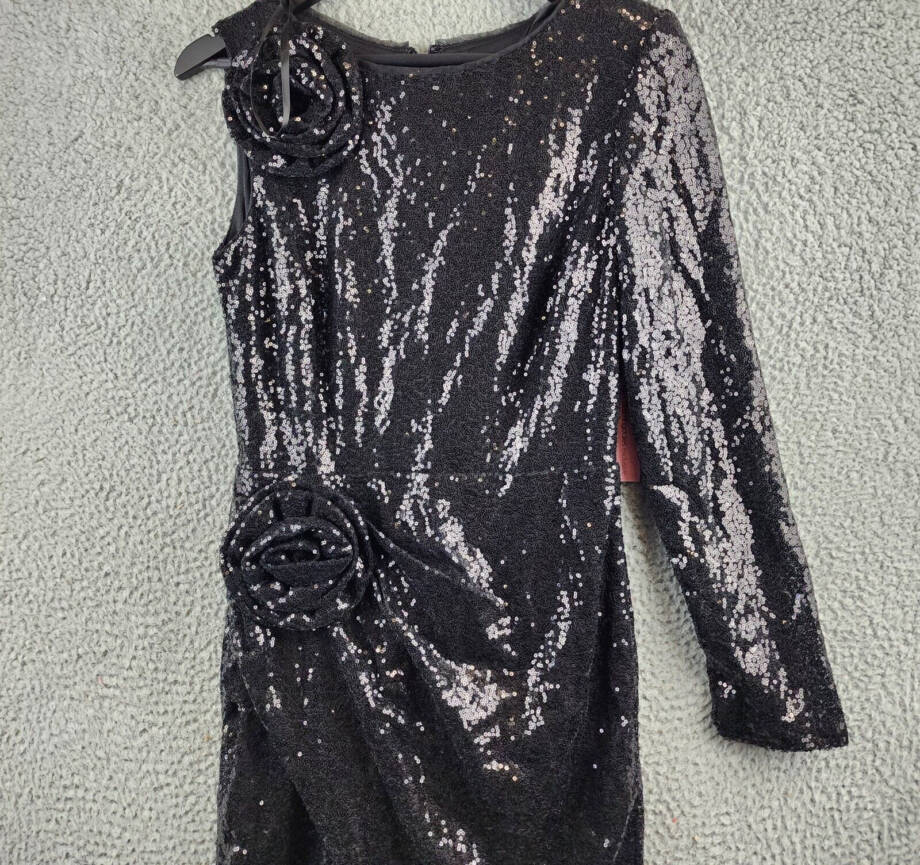 AQUA One Sleeve Sequin Gown Womens 4 Black Round Neck Rosette Detail Zip Closure