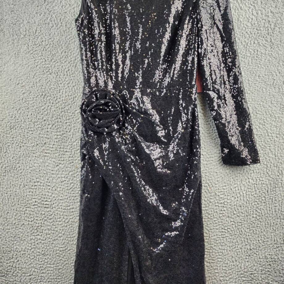 AQUA One Sleeve Sequin Gown Womens 4 Black Round Neck Rosette Detail Zip Closure