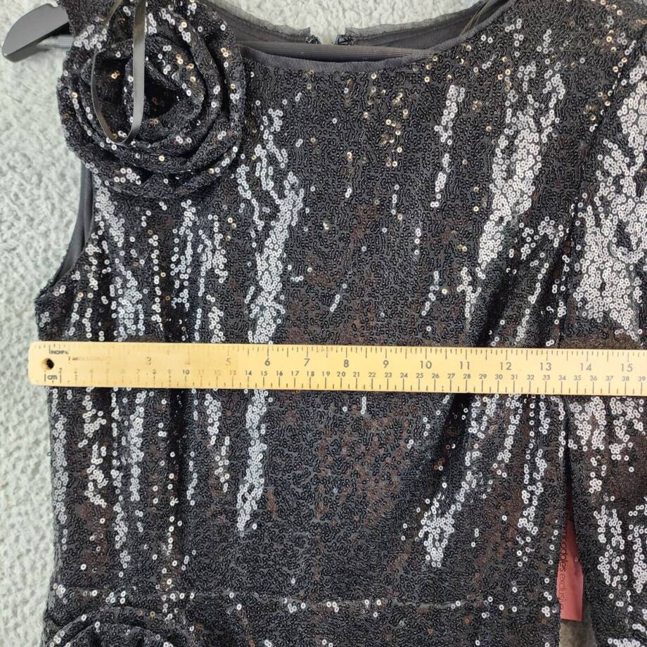 AQUA One Sleeve Sequin Gown Womens 4 Black Round Neck Rosette Detail Zip Closure