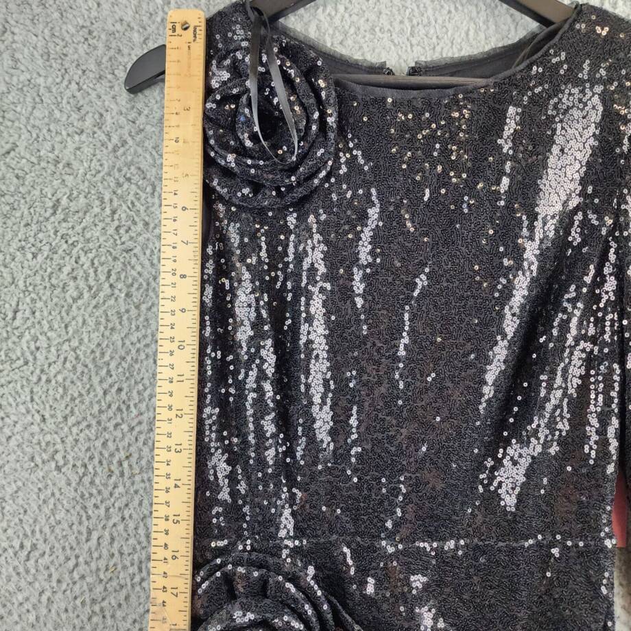 AQUA One Sleeve Sequin Gown Womens 4 Black Round Neck Rosette Detail Zip Closure