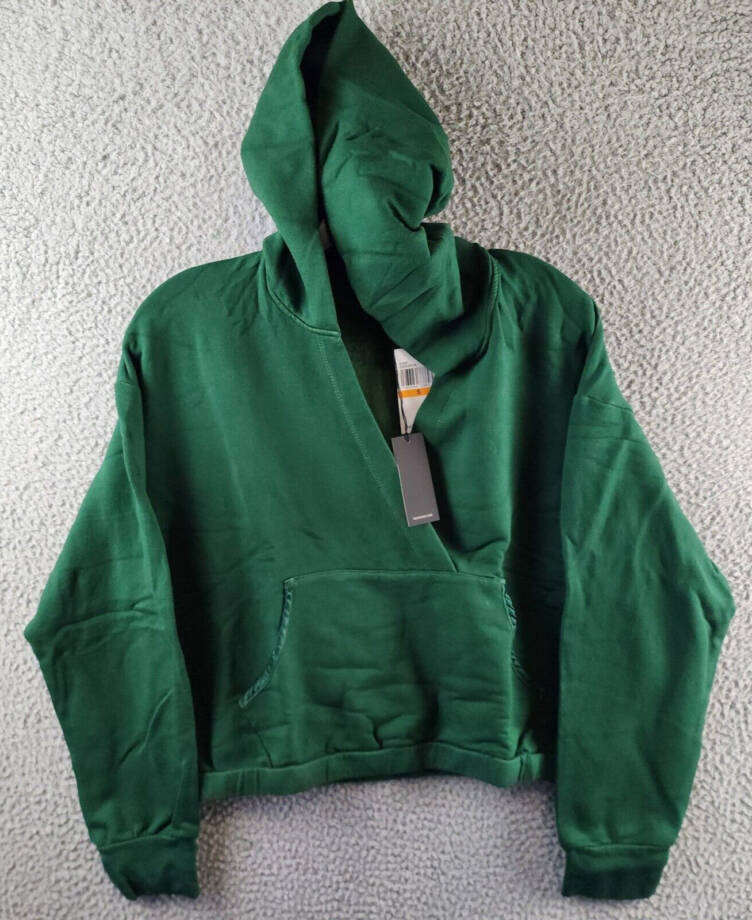 Monrow Super Soft Fleece V Neck Hoodie Women's S Evergreen Pullover Long Sleeves