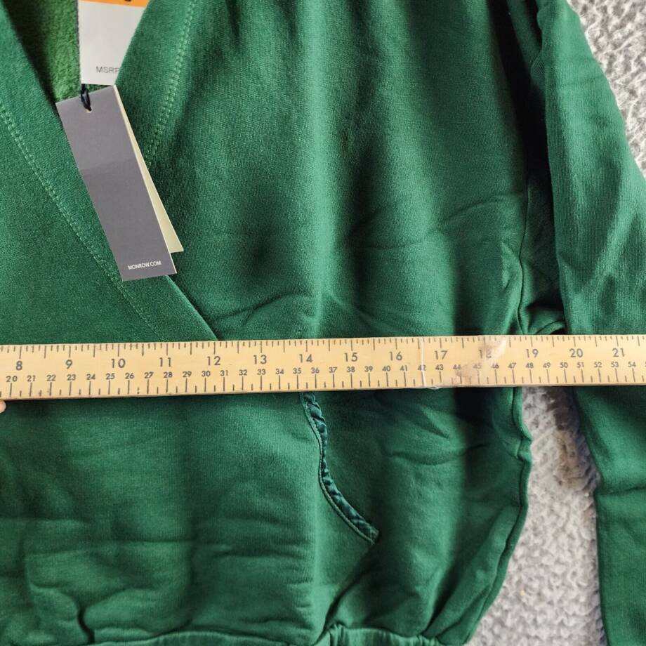 Monrow Super Soft Fleece V Neck Hoodie Women's S Evergreen Pullover Long Sleeves
