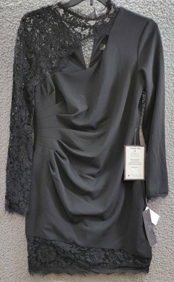 Aidan by Adrianna Papell Lace Trim Knit Crepe Mini Dress Women's 16 Black Lined~