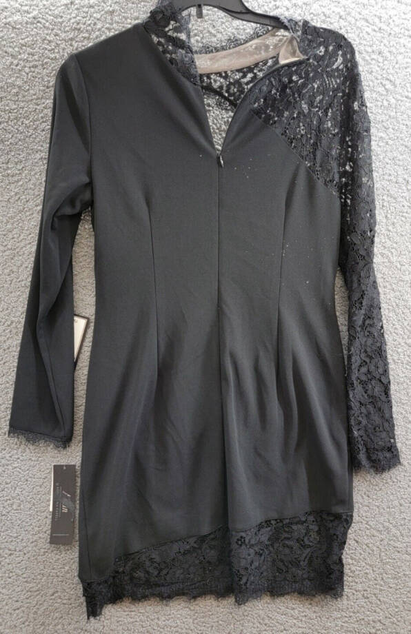 Aidan by Adrianna Papell Lace Trim Knit Crepe Mini Dress Women's 16 Black Lined~