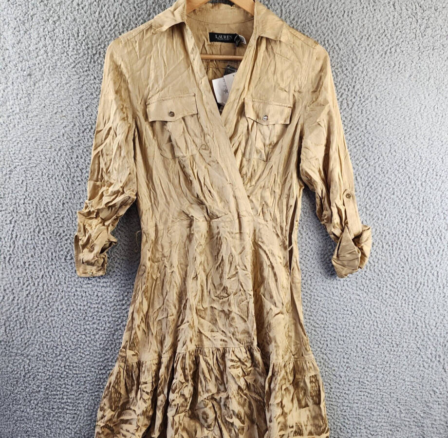 Lauren Ralph Lauren Jacquard Shirtdress Women's Birch Tan Side Zip Closure L/S