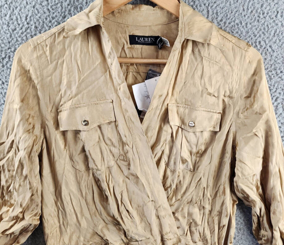 Lauren Ralph Lauren Jacquard Shirtdress Women's Birch Tan Side Zip Closure L/S