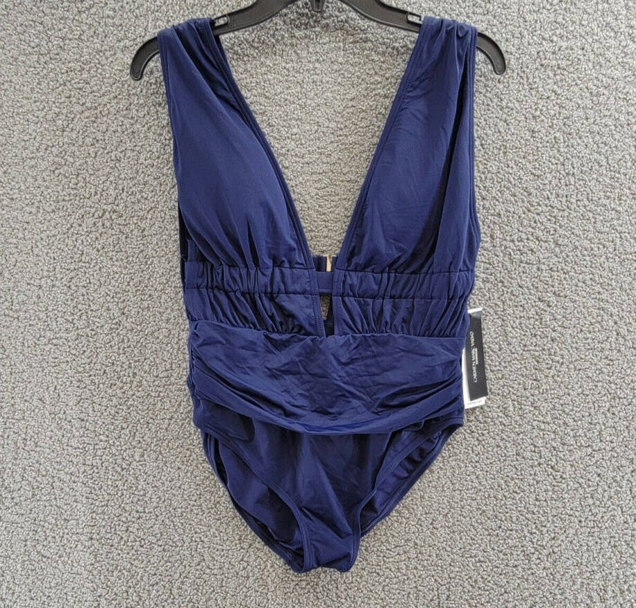 Carmen Marc Valvo Plunge-Neck Ruched One-Piece Swimsuit Women's 14 Maritime~