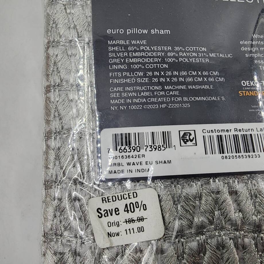 Hudson Park Collection Marble Wave Euro Pillow Sham 26 x 26in Silver Zip Closure