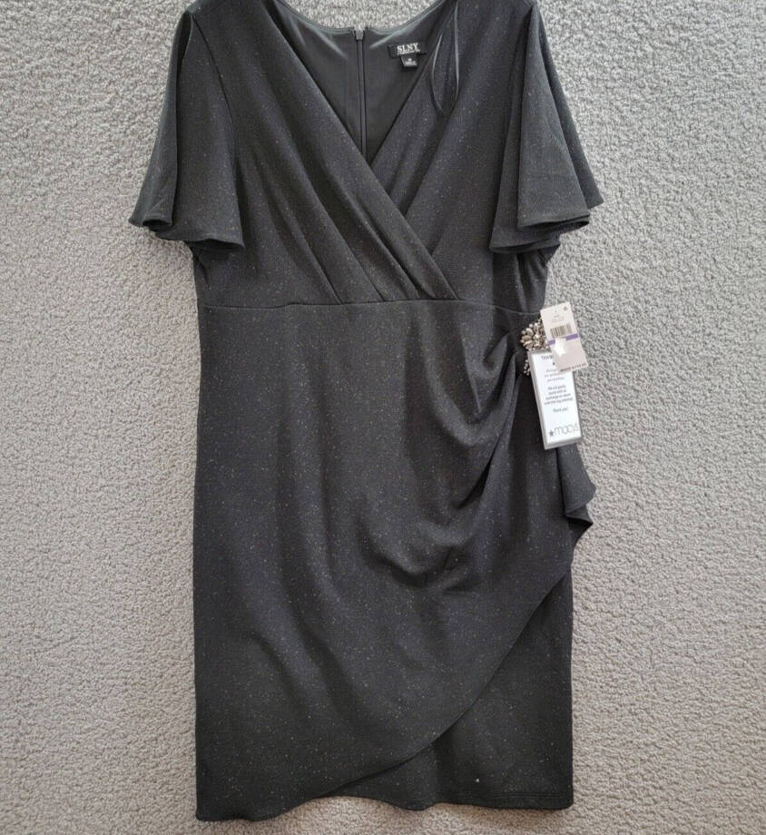 SL Fashions Flutter-Sleeve Embellished Dress Women's 18 Black V-Neck Back Zip