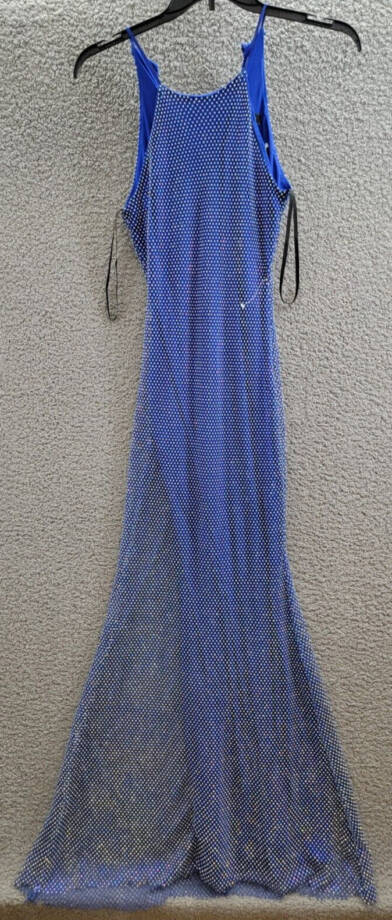 B. Darlin Embellished Rhinestone Halter Gown Juniors 5/6 Blue Sleeveless Button