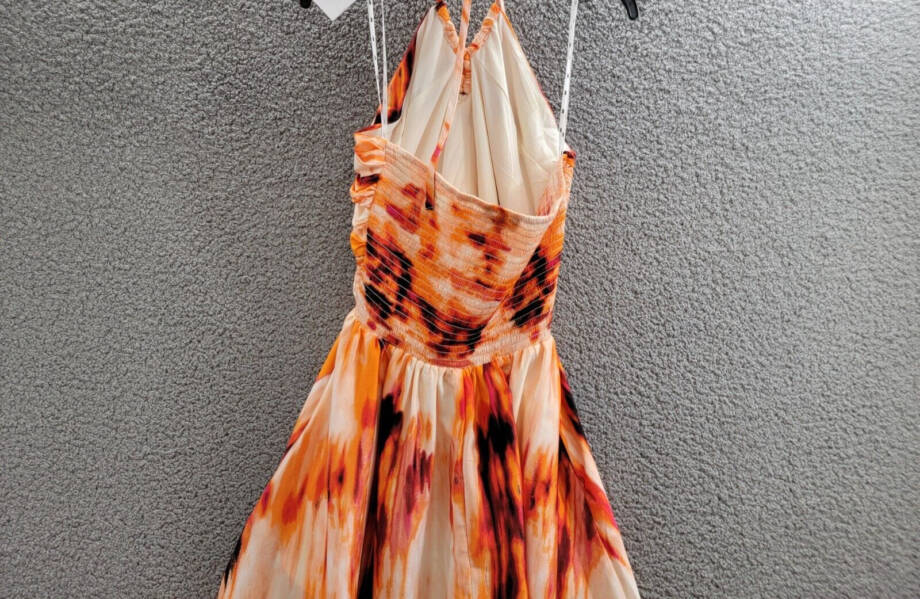 DKNY Printed Satin Strappy Halter Maxi Dress Women's L Orange Blossom Back Tie