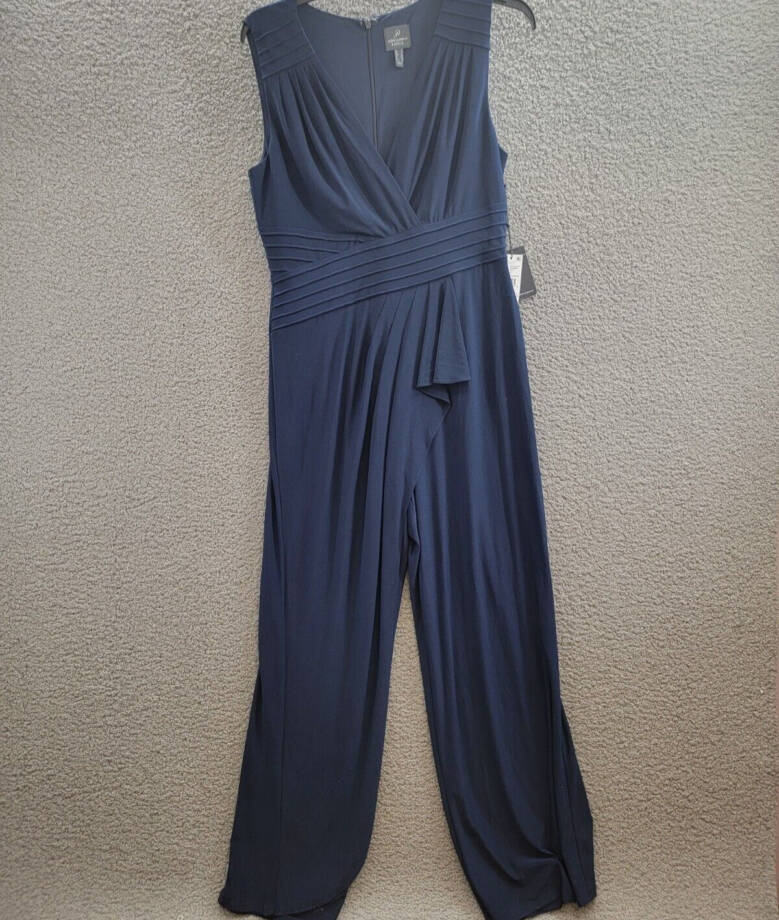 Adrianna Papell Pintucked Wide-Leg Jumpsuit Women's 14 Midnight Back Zip Closure