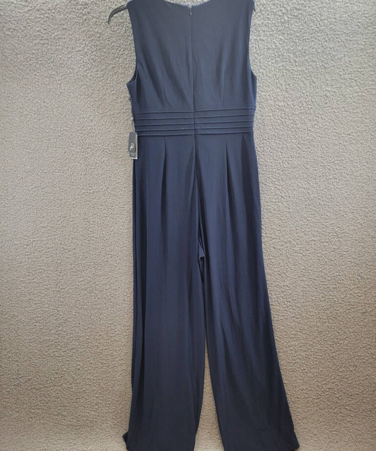 Adrianna Papell Pintucked Wide-Leg Jumpsuit Women's 14 Midnight Back Zip Closure