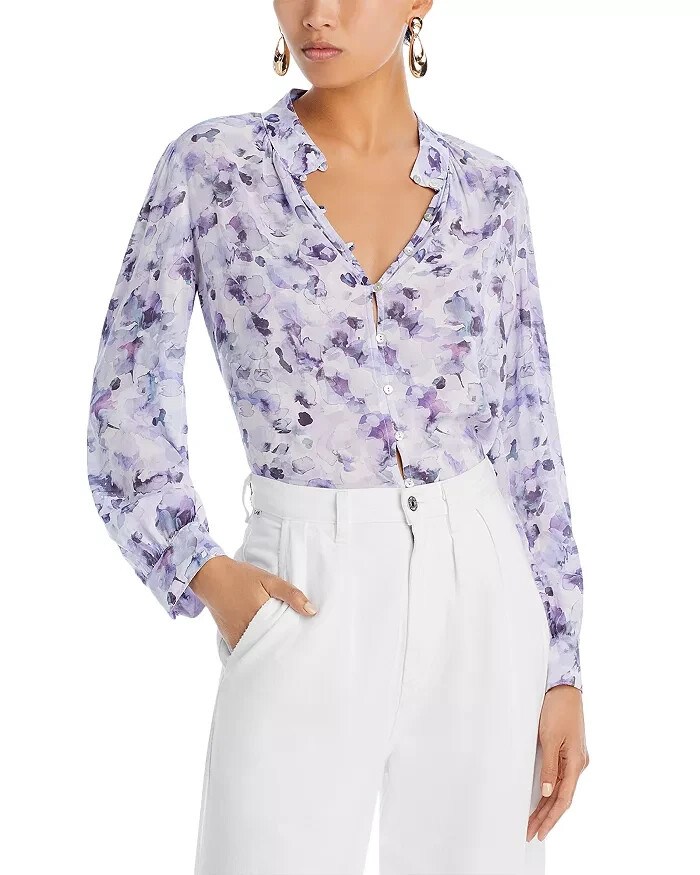 Bella Dahl Shirred Button Front Blouse Women's S Lilac Multi Band Collar L/S