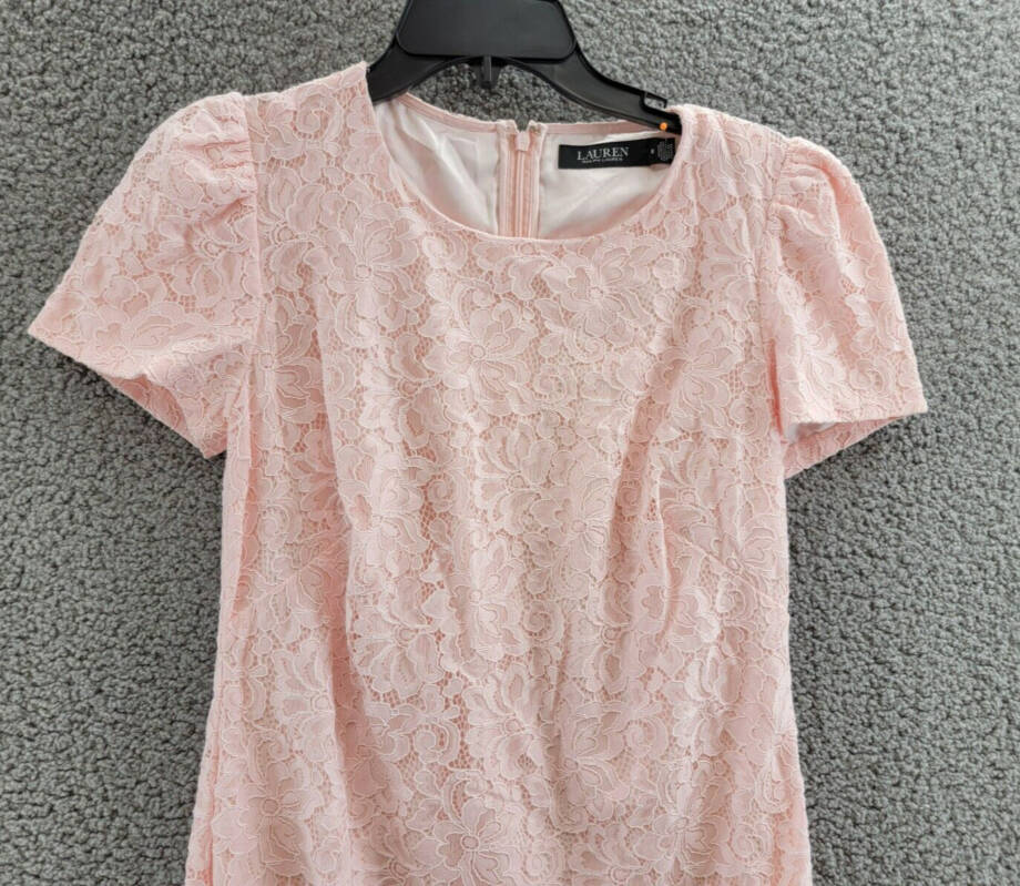 Lauren Ralph Lauren Lace Puff-Sleeve Cocktail Dress Women's 8 Pink Opal +