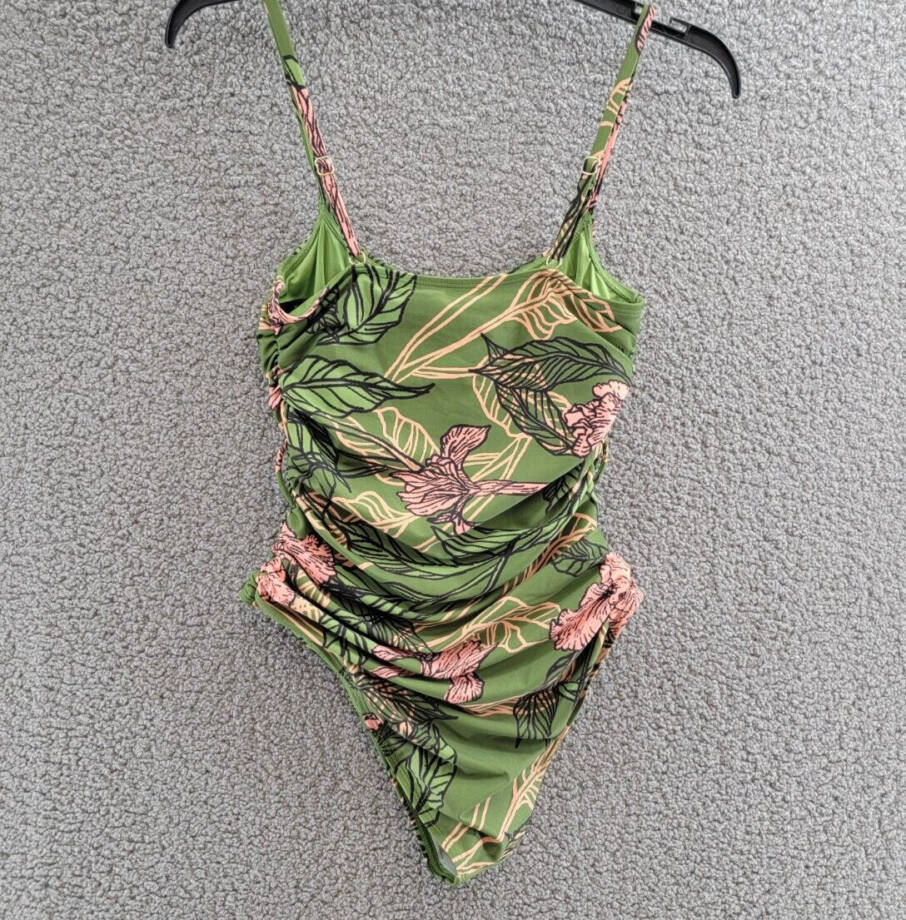 Hutch Zenna One Piece Swimsuit Women's S Green Floral Ruched Scoop Neck Pull On