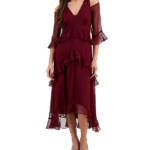 Tahari ASL Ruffled Cold-Shoulder Midi Dress Women's 8 Burgundy V-Neck Back Zip