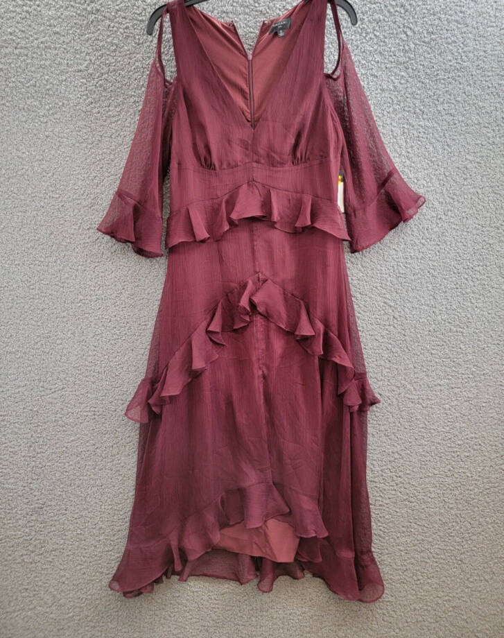 Tahari ASL Ruffled Cold-Shoulder Midi Dress Women's 8 Burgundy V-Neck Back Zip