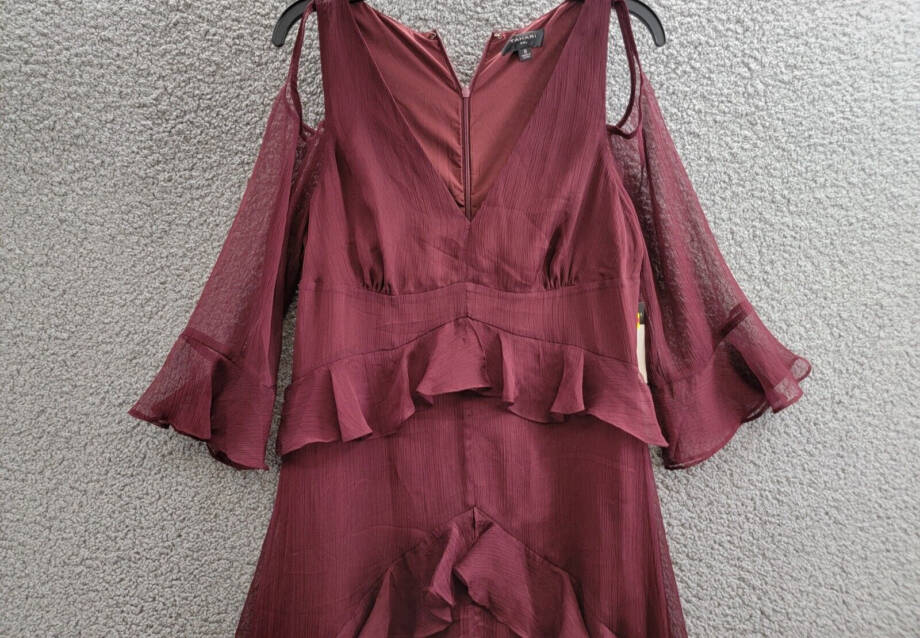 Tahari ASL Ruffled Cold-Shoulder Midi Dress Women's 8 Burgundy V-Neck Back Zip