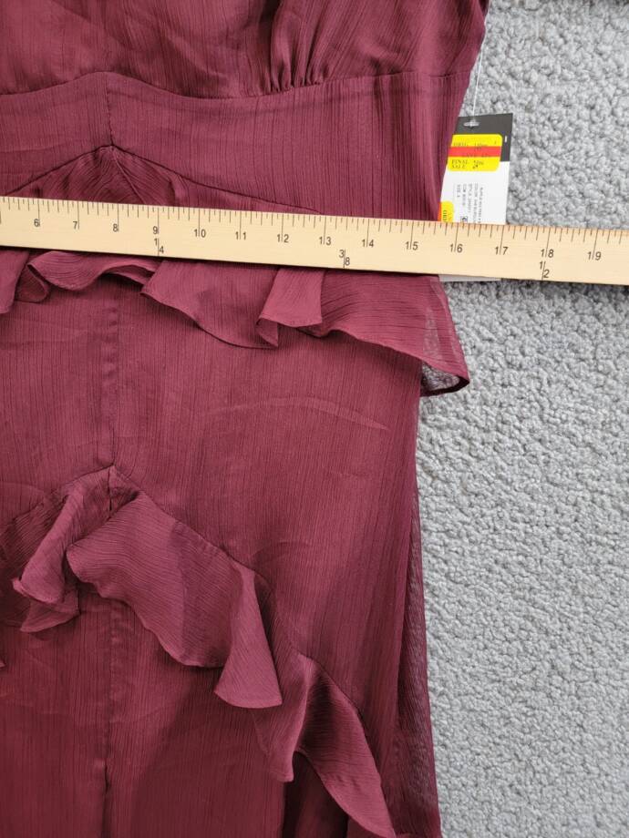 Tahari ASL Ruffled Cold-Shoulder Midi Dress Women's 8 Burgundy V-Neck Back Zip