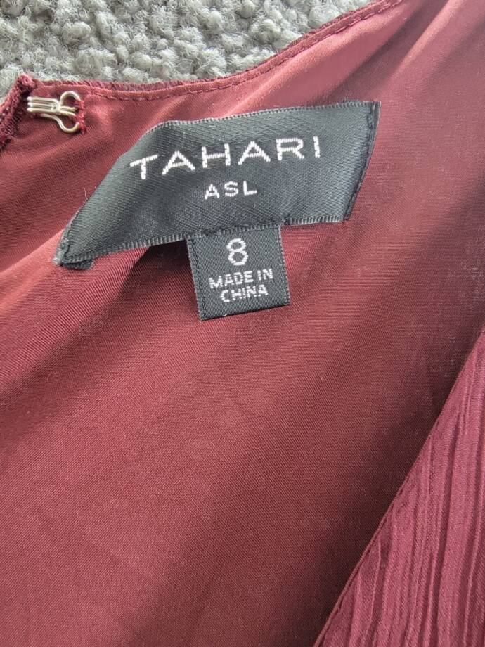 Tahari ASL Ruffled Cold-Shoulder Midi Dress Women's 8 Burgundy V-Neck Back Zip