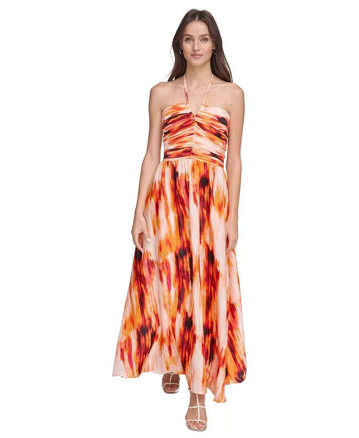 DKNY Printed Satin Strappy Halter Maxi Dress Women's M Orange Blossom Back Tie
