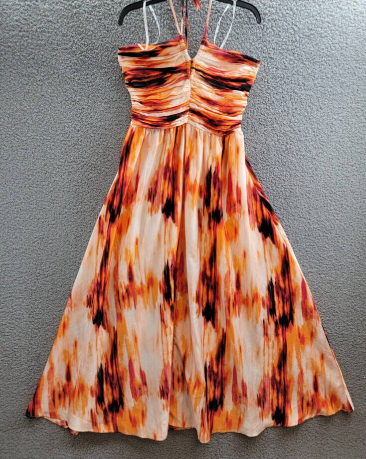 DKNY Printed Satin Strappy Halter Maxi Dress Women's M Orange Blossom Back Tie
