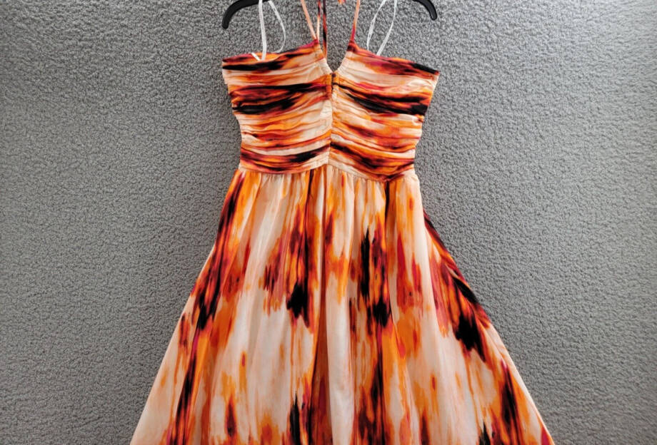 DKNY Printed Satin Strappy Halter Maxi Dress Women's M Orange Blossom Back Tie