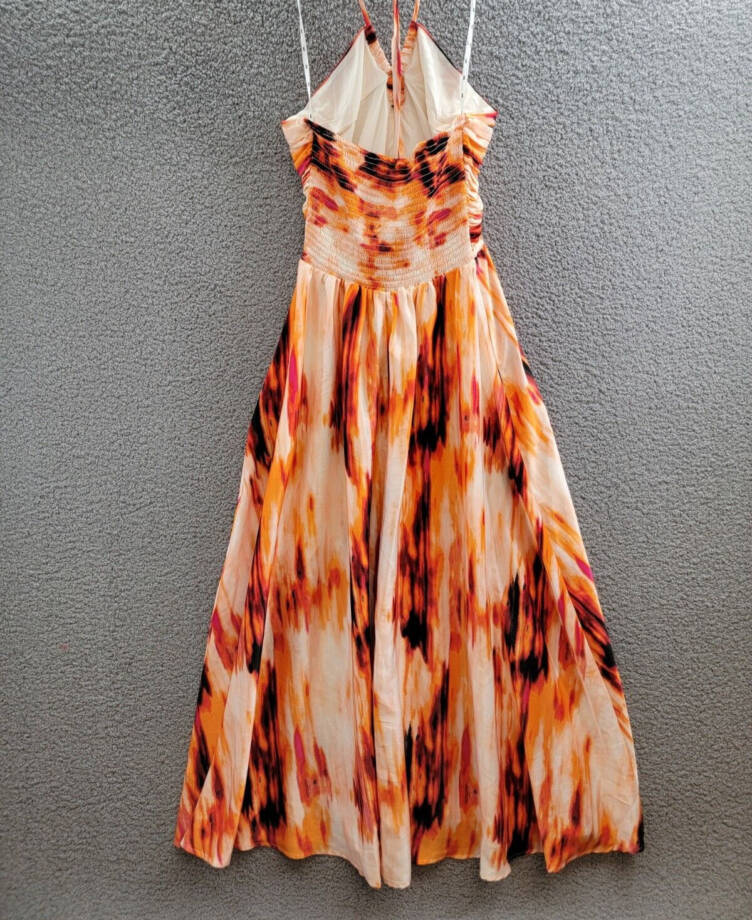 DKNY Printed Satin Strappy Halter Maxi Dress Women's M Orange Blossom Back Tie
