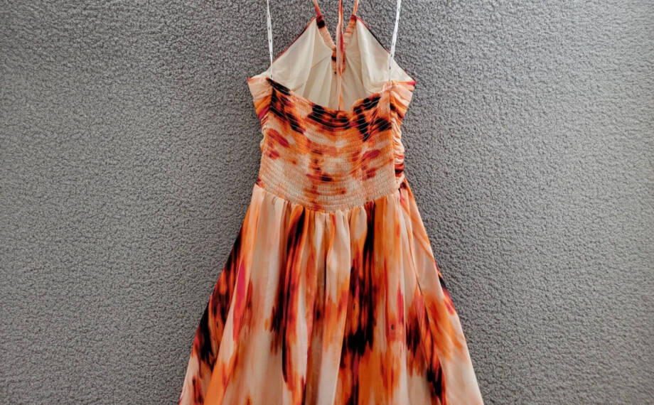 DKNY Printed Satin Strappy Halter Maxi Dress Women's M Orange Blossom Back Tie
