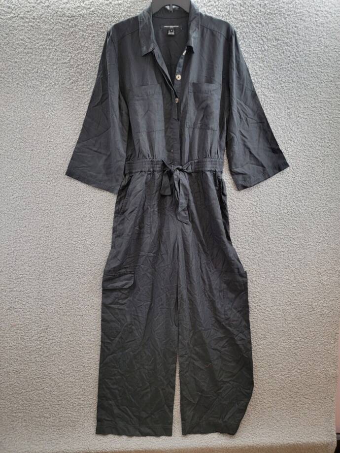 French Connection Elkie Button-Down Cargo Jumpsuit Women's M Black Tie Waist