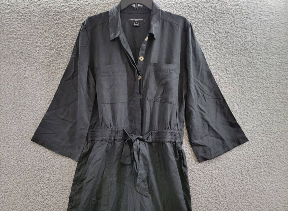 French Connection Elkie Button-Down Cargo Jumpsuit Women's M Black Tie Waist