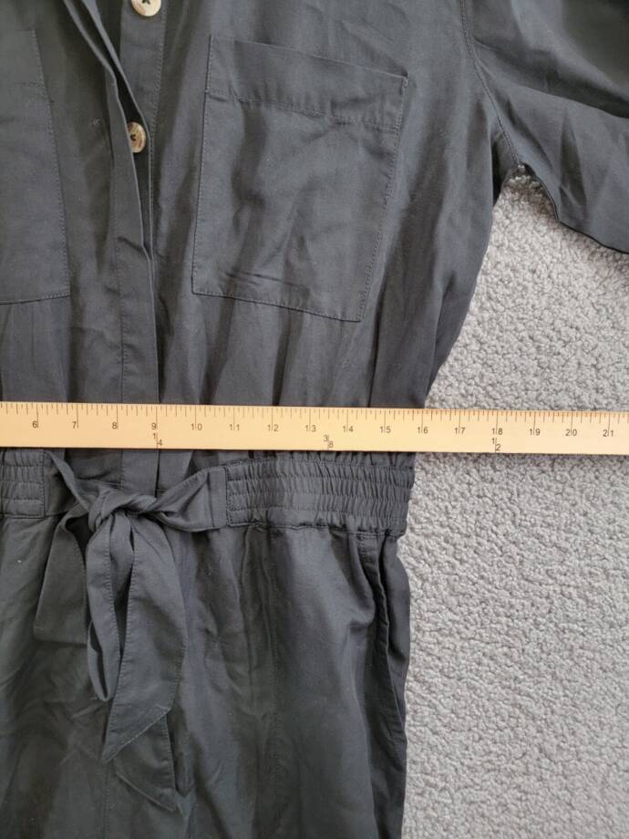 French Connection Elkie Button-Down Cargo Jumpsuit Women's M Black Tie Waist