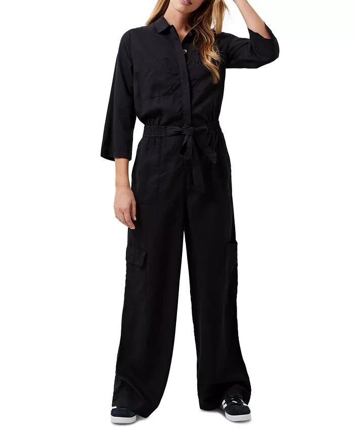French Connection Elkie Button-Down Cargo Jumpsuit Women's L Black Collared