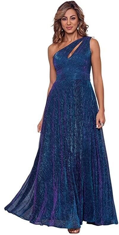 Betsy & Adam One-Shoulder Metallic Crinkle Gown Women's 8 Blue Sleeveless Zipper